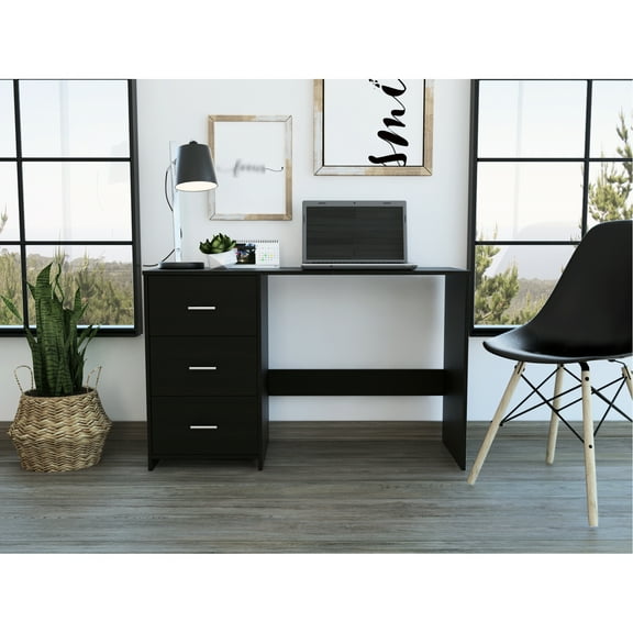 Computer Desk In Black With Cup Rack, Two External Shelves, Superior Top Shelf And One Drawer Shelves 3 Drawers For Office