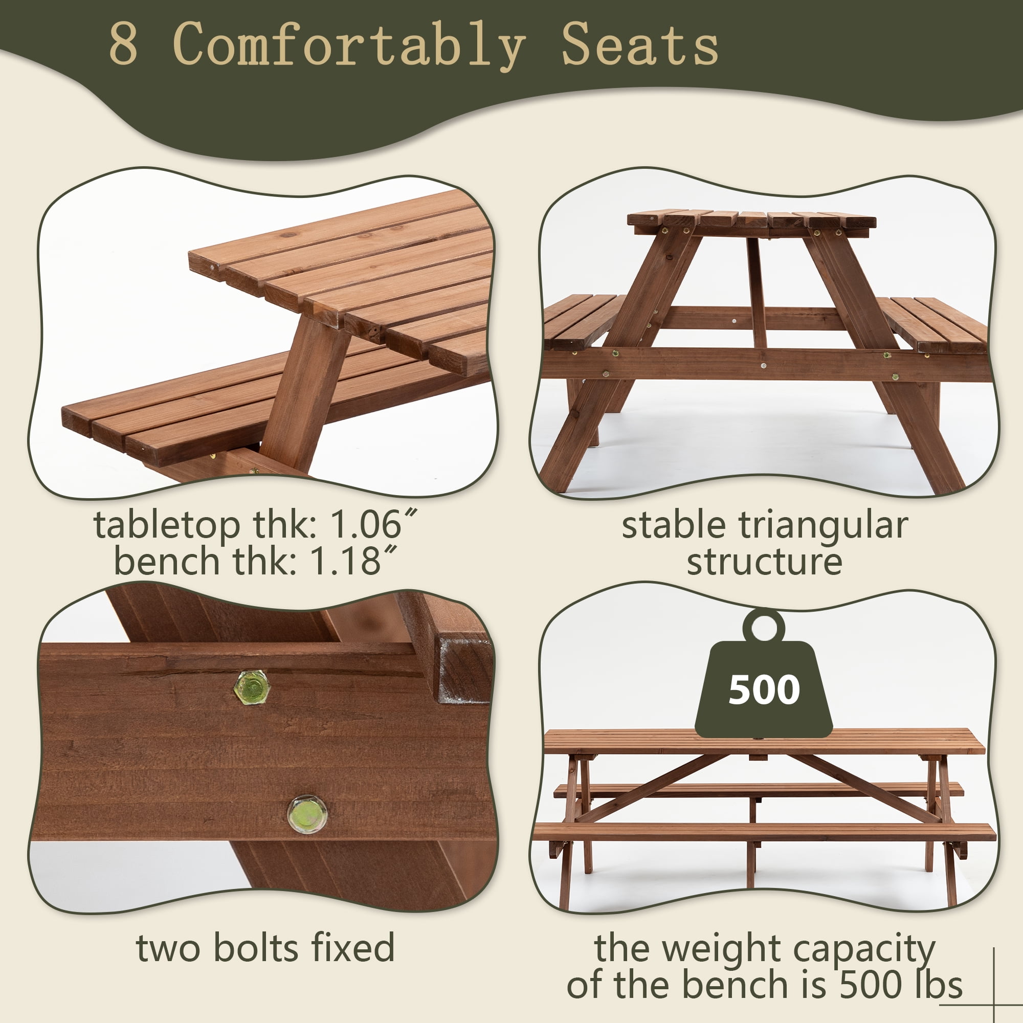 8-Person Rectangle Outdoor Wooden Picnic Table w/ 2 Built-In Benches,Outdoor Camping Dining Table for Backyard,Garden,Patio,2220 lbs Capacity