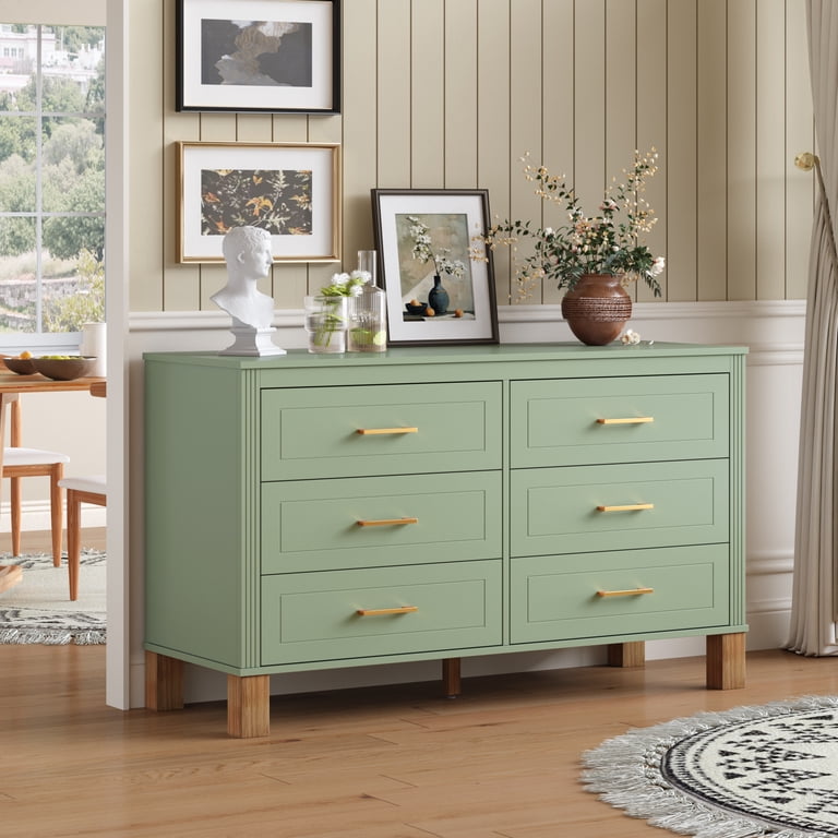 green kids dresser 6-Drawer Double in Sage Green, Modern Storage Cabinet with Metal Handles & Solid Wood Legs, Dresser Drawer Organizer for Bedroom Classic Carving Dressing Table