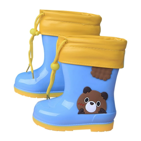 Generic Toddler Boys Girls Plush Rain Boots Cute Cartoon Teddy Bear Printed Low Heeled Mid Length Children's Kids Rain Waterproof Rubber Boot (2.5-3 Years,Blue)