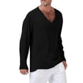 thumbnail image 2 of Franhais Men Long Sleeve Shirts, Plus Size Solid Color V-Neck Ethnic Style Tops Spring Fall Fashion Casual T-shirt, 2 of 3