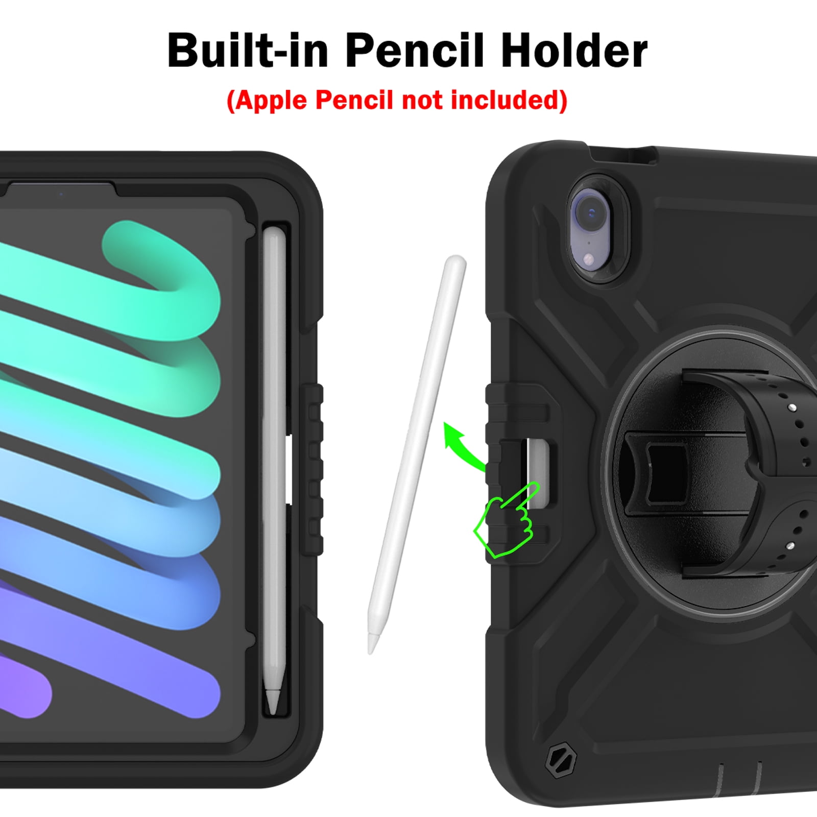 Dteck Case for iPad mini 7 (A17 Pro) 8.3 inch 2024/ iPad mini 6th Generation,Heavy Duty Rugged Drop Proof Shockproof Armor Case with Stand Pencil Holder Hand Strap Shoulder Strap,Black
