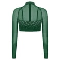 thumbnail image 2 of Sholeno Womens Glittery Rhinestone Dance Crop Tops Mesh Long Sleeve Pullover Cropped Shirt Dancewear Dark Green XXL, 2 of 5