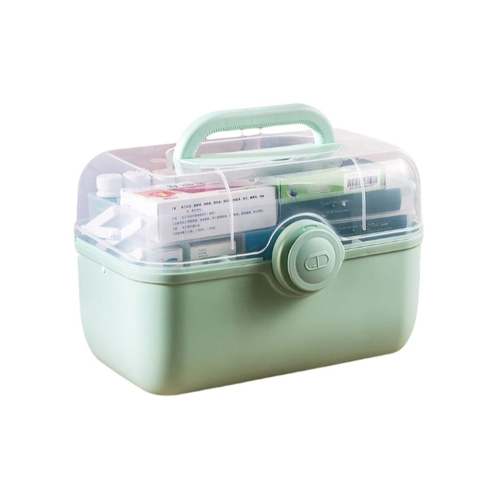 Pill Case with Handle Large 2-layers Drawer Family First Aid Kit Storage Box Household Multi-functional Plastic Container Home Green Extra large