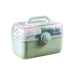 Pill Case with Handle Large 2-layers Drawer Family First Aid Kit Storage Box Household Multi-functional Plastic Container Home Green Extra large