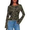 thumbnail image 4 of Women Long Sleeve Floral Mesh Tops Blouse Trendy Boat Neck Ruched Fitted Shirt Going Out Outfits Green XS, 4 of 10