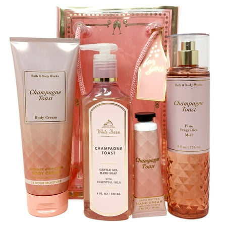 Bath and Body Works Champagne Toast 5 Piece Gift Set - Includes Fine Fragrance Mist, Ultimate Hydration Body Cream, Gentle Gel Hand Soap, Shea Butter Hand Cream, and Gift Bag