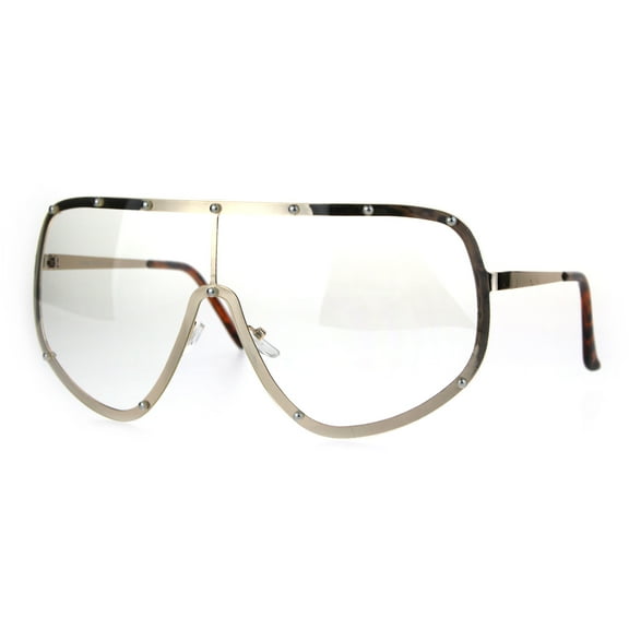 Mens Metal Rim Oversize Shield Clear Lens Racer Eye Glasses Gold