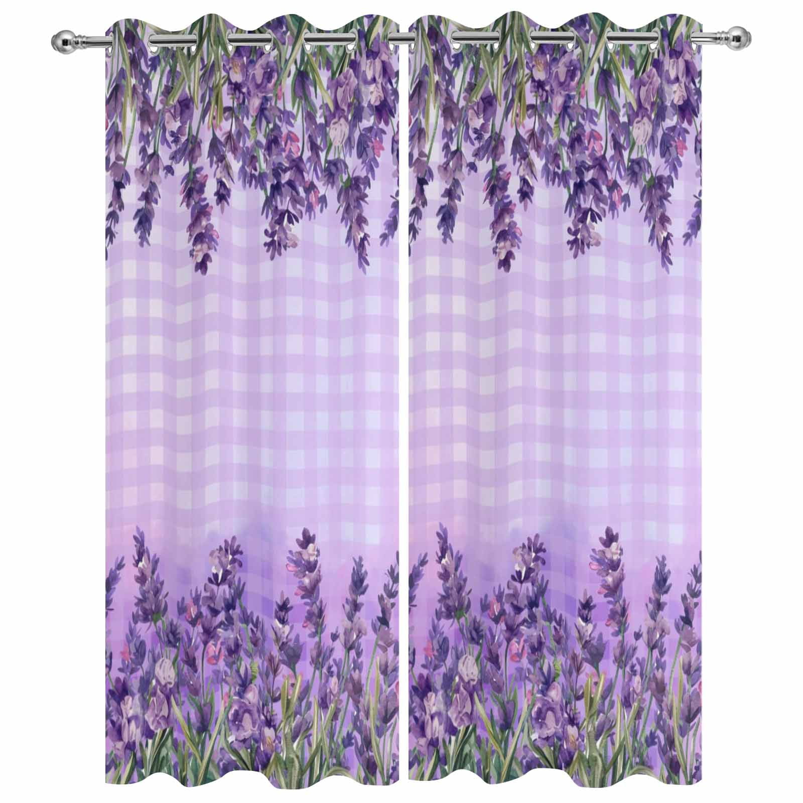 Outdoor Curtains for Patio Waterproof, Purple Lavender Outdoor Privacy Panels Grommet, Spring Watercolor Wildflowers Plant Plaid Blackout Outside Curtains for Porch/Cabana 54"x84", 2 Panels