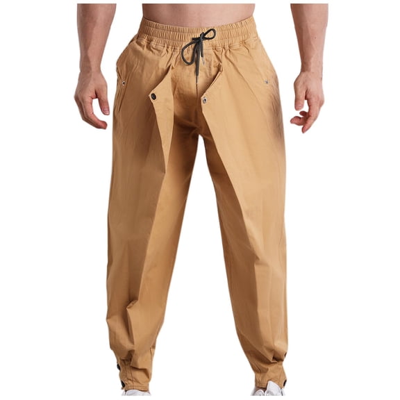 HOOMEUMY Men's Straight Leg Pants Drawstring Solid Cotton Buttons Casual Basic Color Trousers with Side Zipper Pockets Yellow M