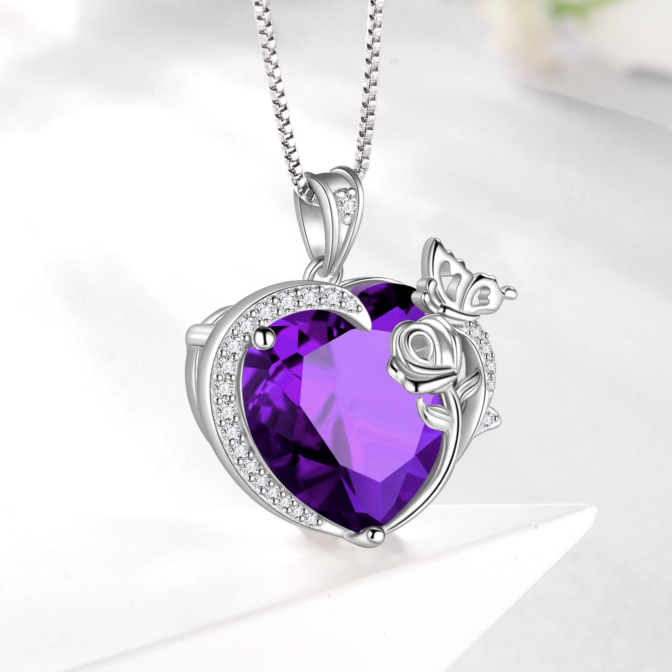 Juwaliy Women Heart Necklace Butterfly Rose Flower Pendant February Birthstone Amethyst Purple 925 Sterling Silver Jewelry Mom Valentine's Day Gifts