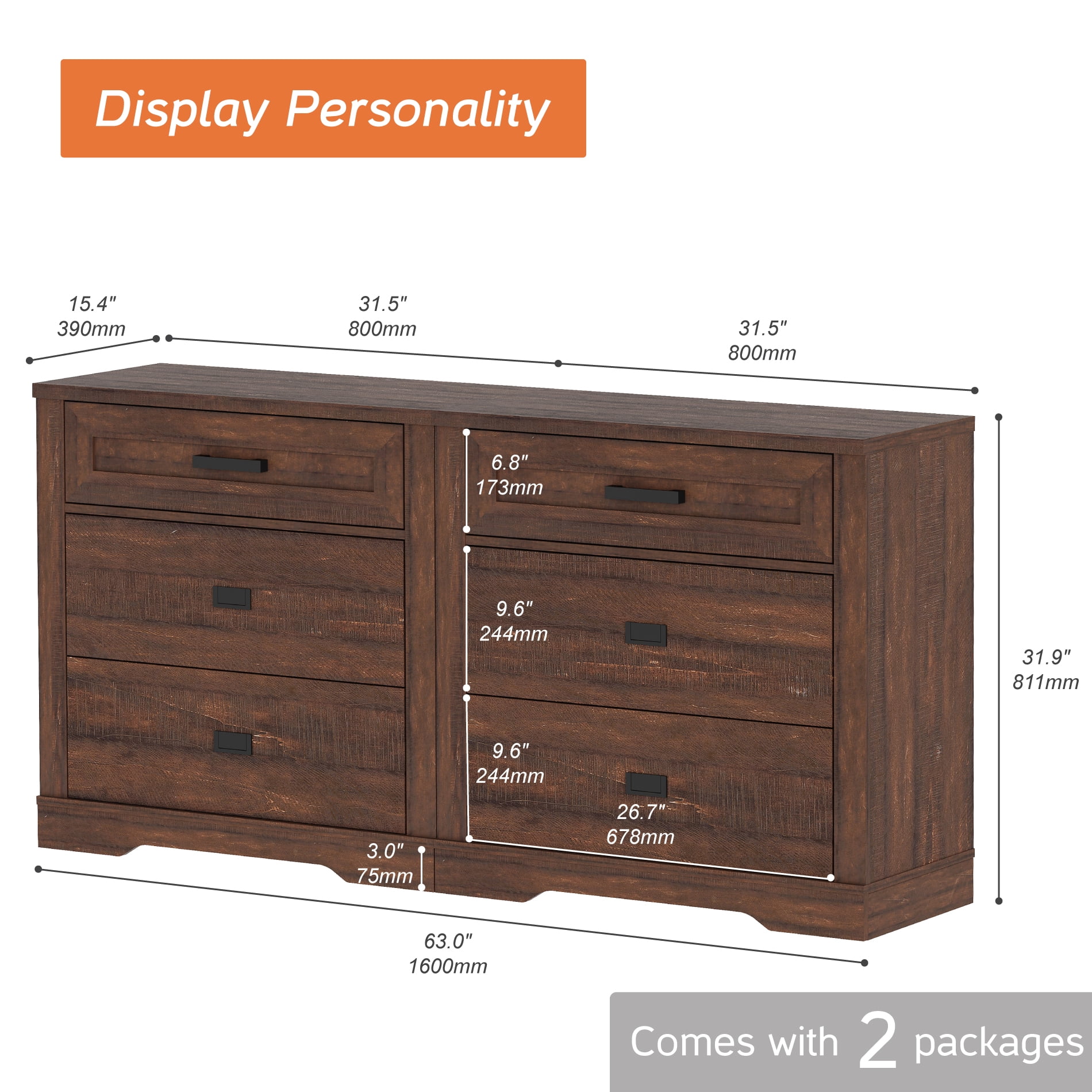 Farmhouse 6 Drawers Dresser for Bedroom, 62 inch 2 in 1 Double Dresser with Small Chest of Drawers,Mid Century Modern Wooden Closet Storage Organizer for Living Room, Hallway, Rustic Brown