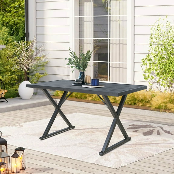Ulax Furniture Rectangular 55"L Patio Metal Dining Table with Steel Slatted Wooden Textured Tabletop, Cross Legs and 1.57” Umbrella Hole for 4 Person