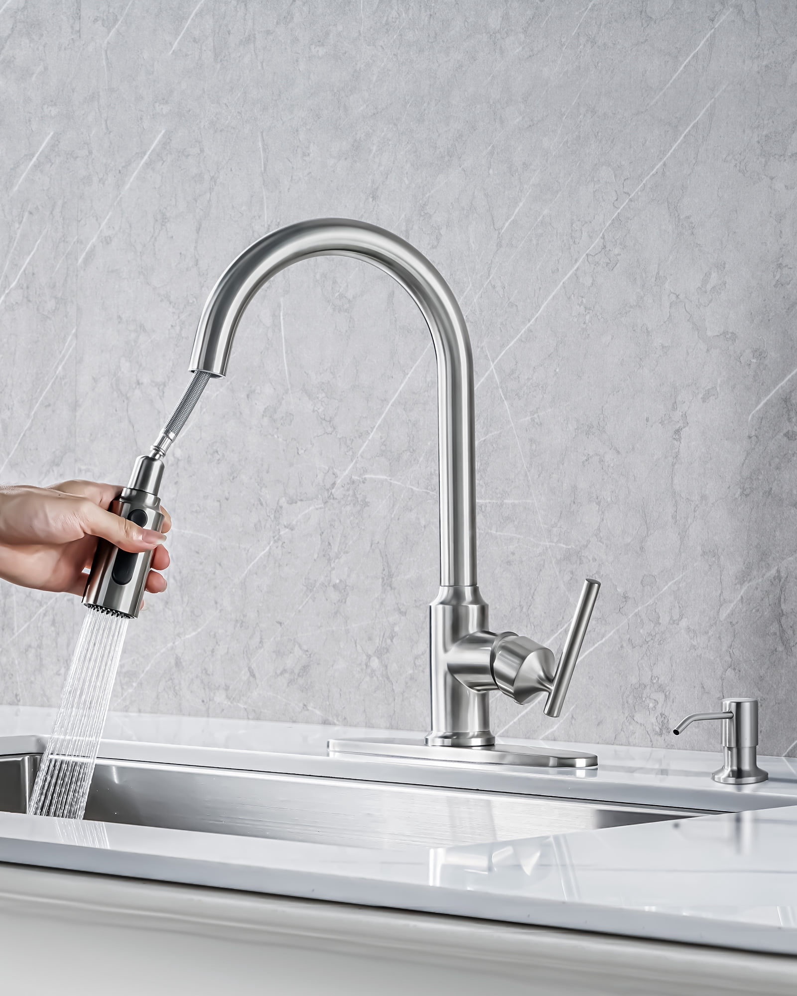 WOWOW Single Handle Kitchen Sink Faucet Brushed Nickel Kitchen Faucet with Pull Down Sprayer