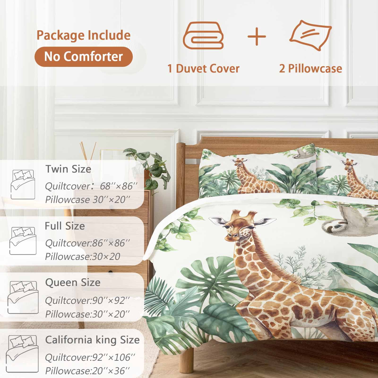 Tropical Giraffe Sloth Bedding 3 Piece Duvet Cover Set Queen Size, Watercolor Summer Palm Leaf Soft Microfiber Comforter Cover with Zipper Closure & Pillowcases, Wrinkle & FadeResistant Quilt Cover