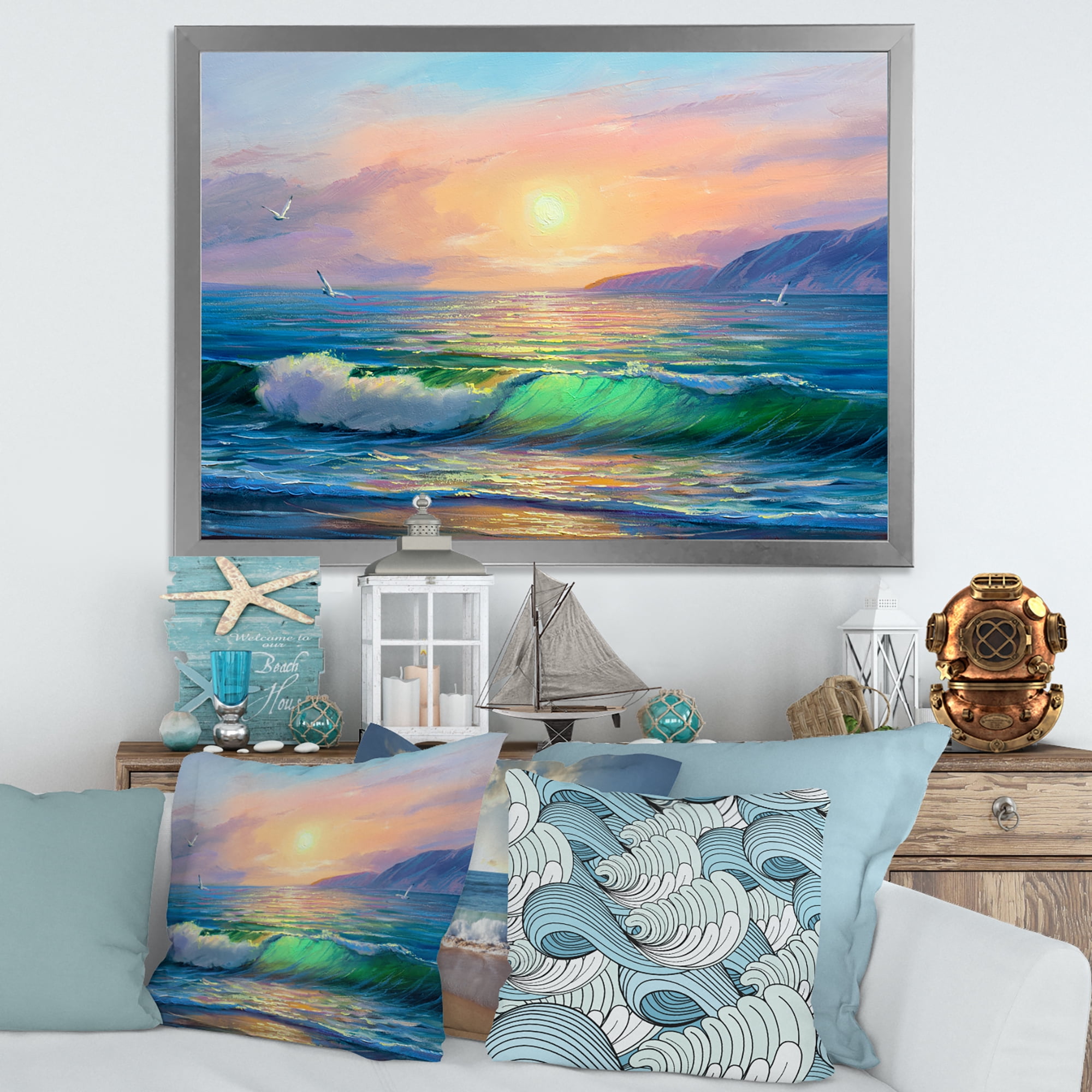 Designart 'Blue Waves Breaking At The Beach Landscape V' Nautical & Coastal Framed Art Print