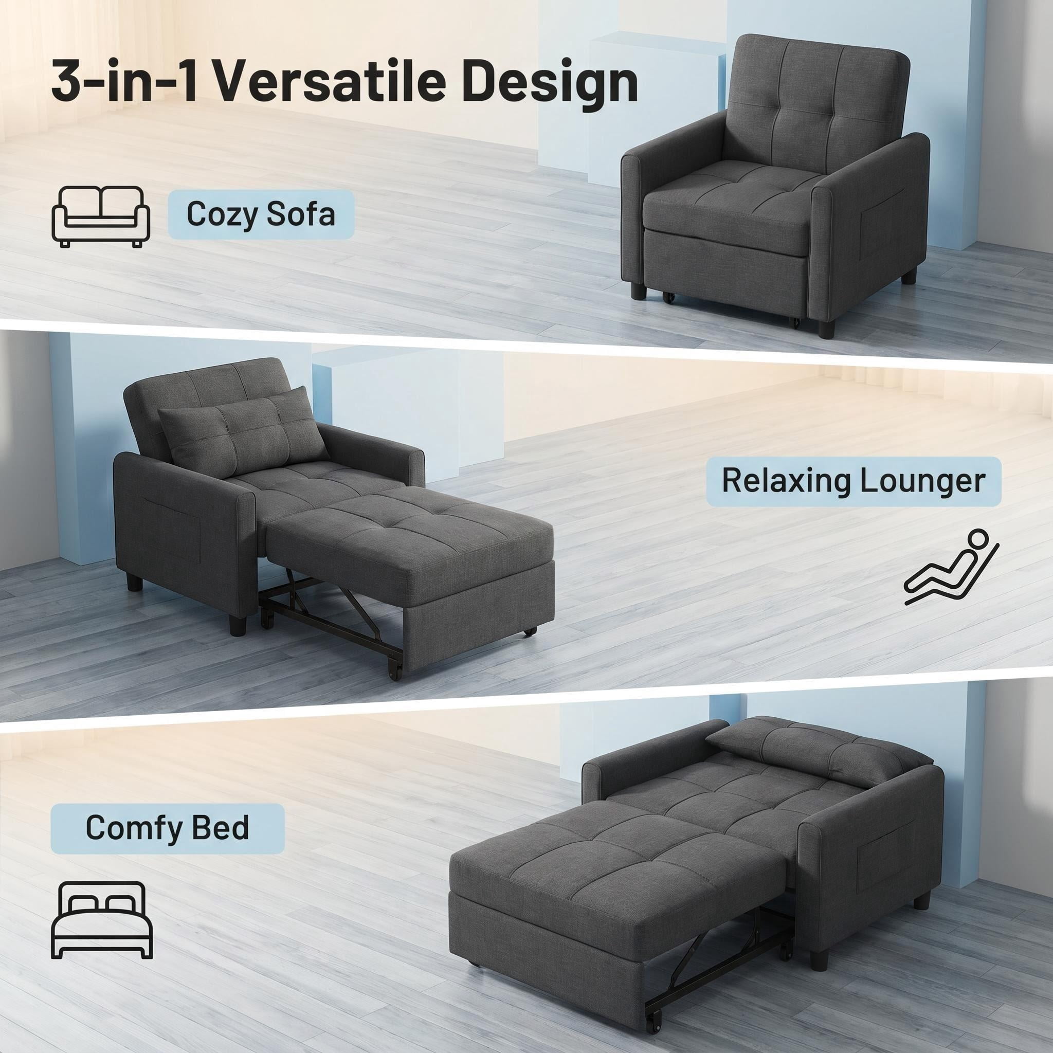 Recliner Chair, Lofka Convertible Futon Sofa Bed with Adjustable Backrest, Couch for Living Room, Bedroom, Dark Gray