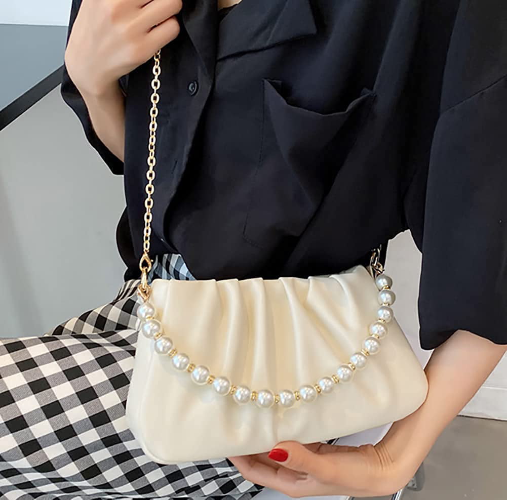 PIKADINGNIS Shoulder Bag for Women Small Pearl Crossbody Bag Fashion  Pleated Cloud Bag