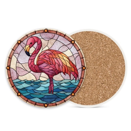 Round Ceramic Stone Cork Drink Coasters Pink Flamingo in Watery Scene Absorbent Removable Non-Slip Cup Mat Place for Kitchen Counter Drinks Coffee Cup Tableware Set of 1 (4*4 Inch)