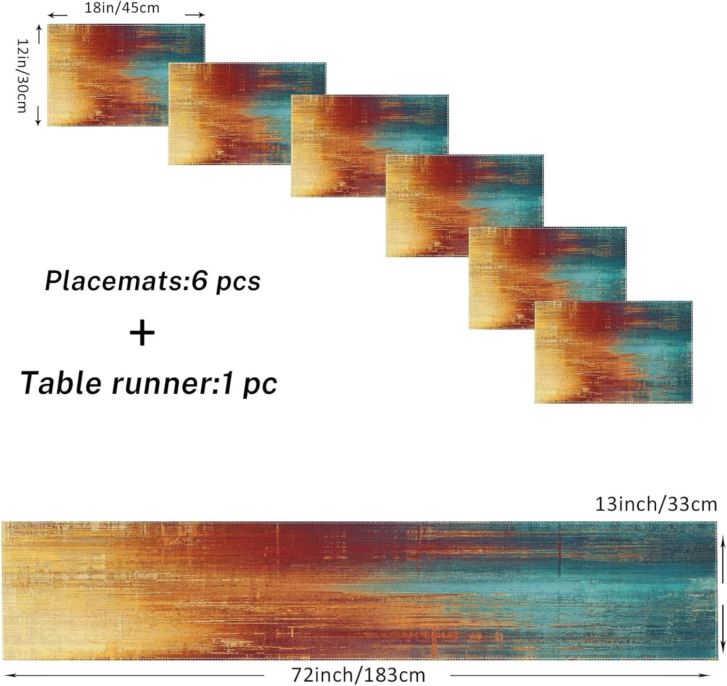 Blue Orange Table Runner and Placemats Set of 6, Vintage Abstract Messy Rust Painting Art Dining Decor for Daily Use(1 Table Runner 72 inches Long and 6 Placemats)