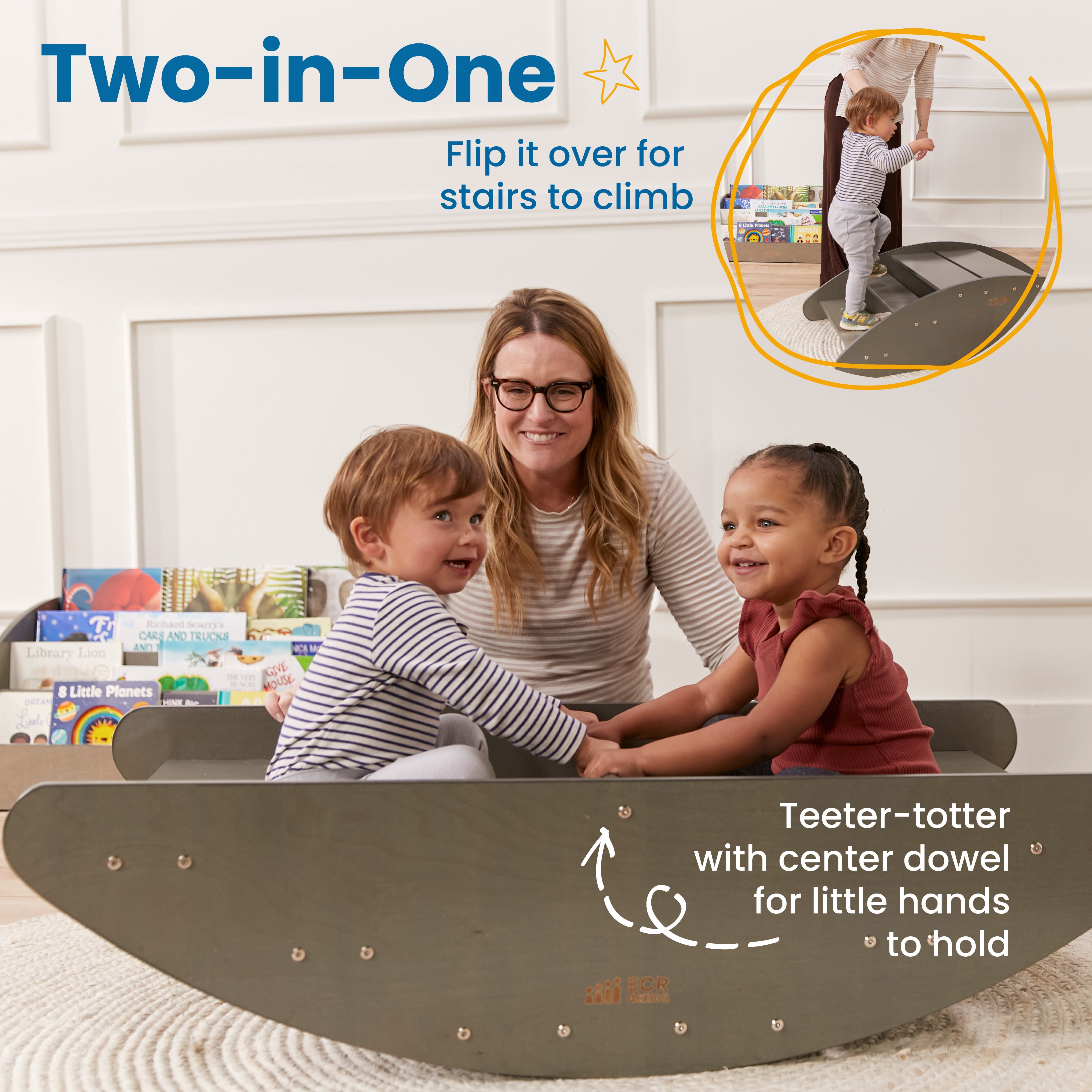 ECR4Kids Wooden Rocking Boat and Steps Play Center, Montessori Furniture, Grey Wash