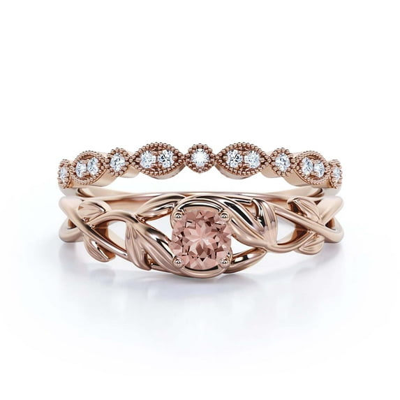 Boho & hippie 1.00 Carat Round Morganite And Diamond Moissanite Leaf Inspired Engagement Ring, Wedding Ring in 925 Sterling Silver With 18k Rose Gold Plating Promise Ring, Bridal Set, Matching Band