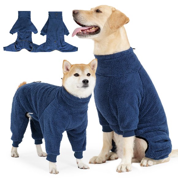 SlowTon Dog Winter Coat Fuzzy Pullover Pajamas, Warm Dog Clothes Soft Pet Jumpsuit Indoor Pjs, Windproof Cold Weather Jacket 4 Legged Clothes with Leash Hole f