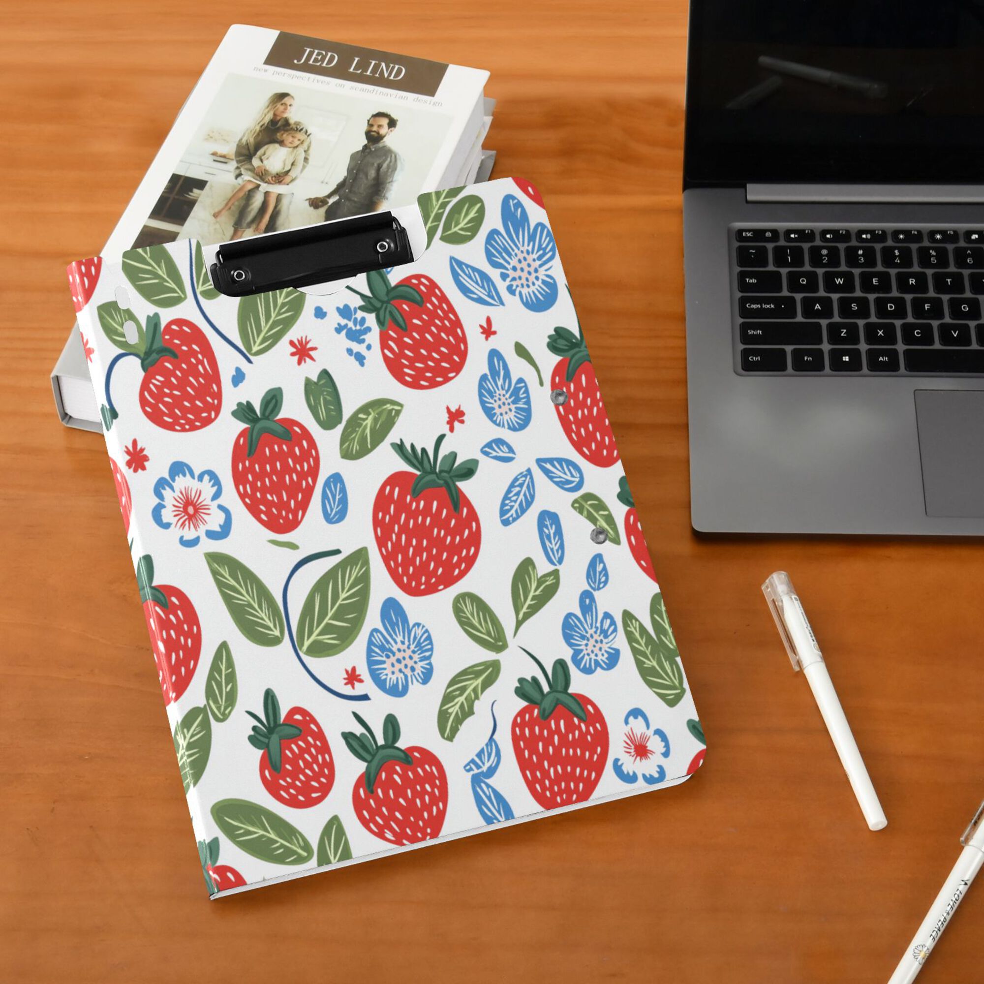 FORMRS A4 Clipboard Folder with Pen Holder Horizontal Foldable School Office Binder, Vibrant Strawberries