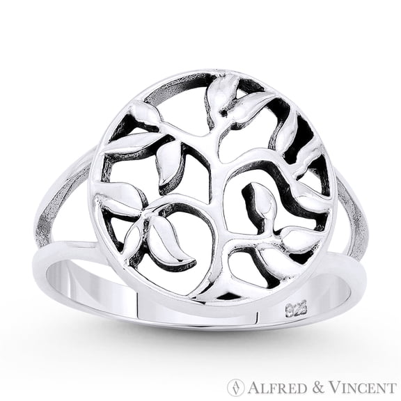 Tree w/ Filigree Vine & Leaf Circle Charm Ring in Oxidized .925 Sterling Silver