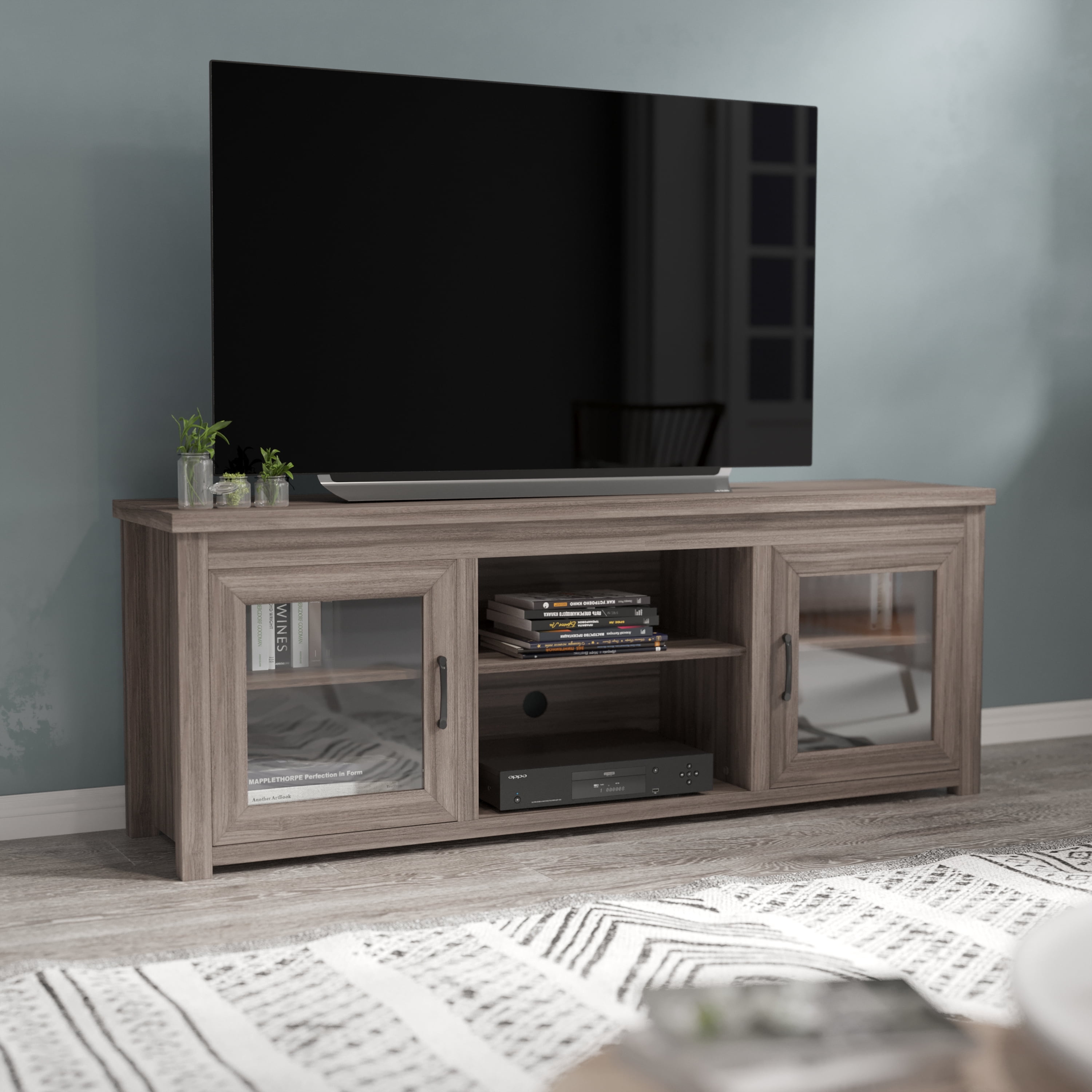 BizChair Classic TV Stand up to 80" TVs - Gray Wash Oak Finish with Full Glass Doors - 65" Engineered Wood Frame - 3 Shelves
