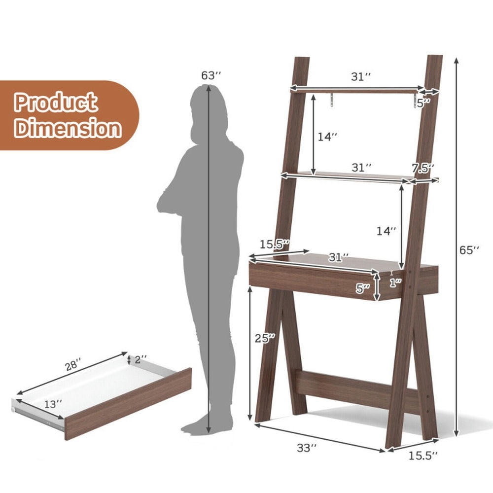 Demi Bonn 3-Tier Ladder Bookshelf, Desk Bookcase with Countertop Drawer and 2 Shelves, Brown