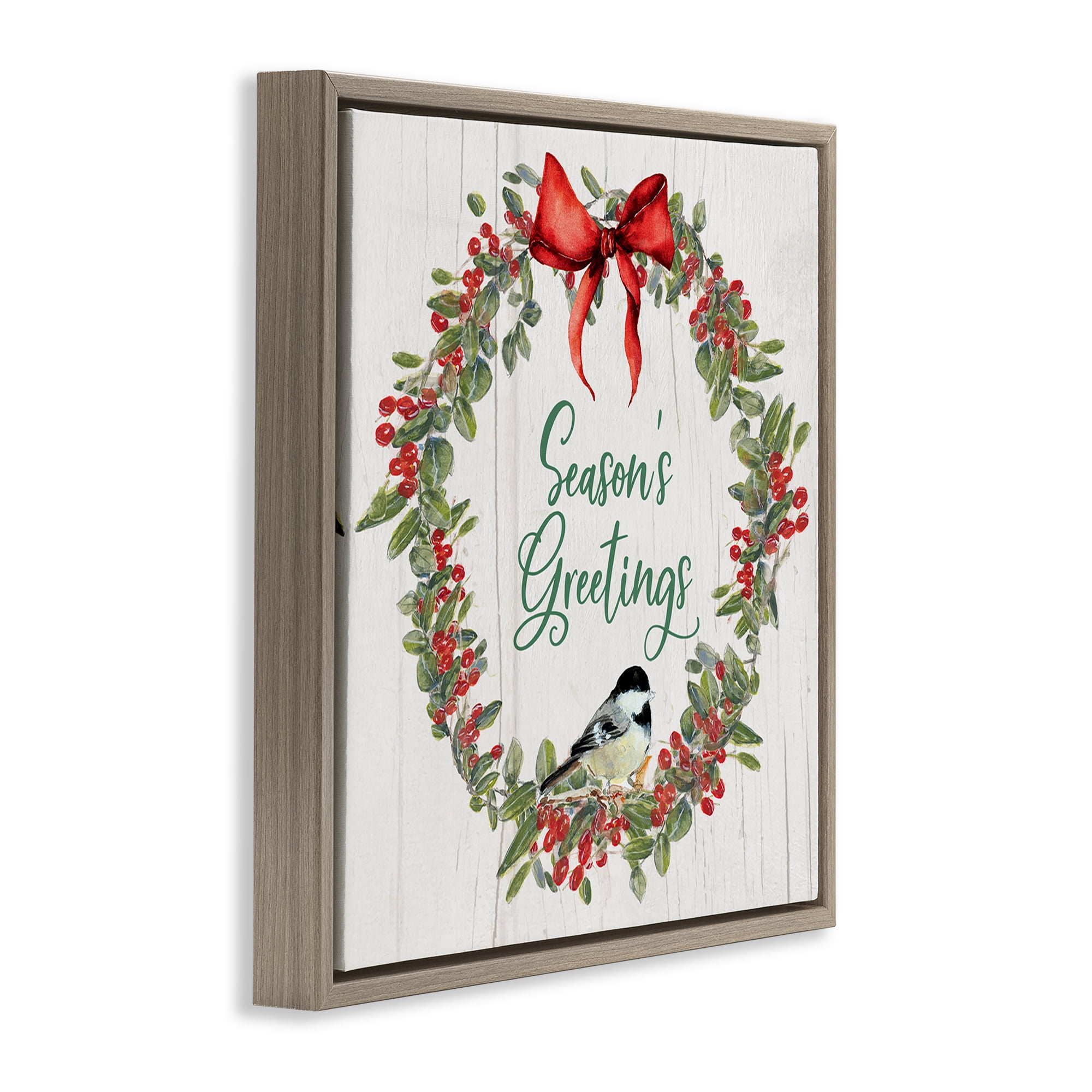 Stupell Industries Season's Greetings Wreath Holiday Painting Brown Floater Framed Canvas Art Prints Wall Art, 25 x 25