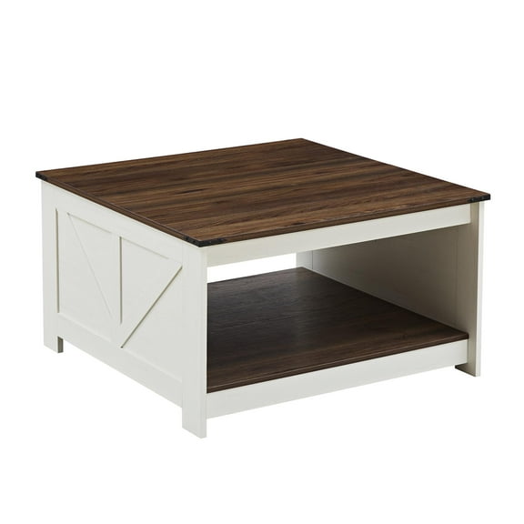 Coffee Table Farmhouse Coffee Table with Storage Rustic Wood Cocktail Table,Square Coffee Table for Living Meeting Room with Half Open Storage Compartment,walnut & ivory