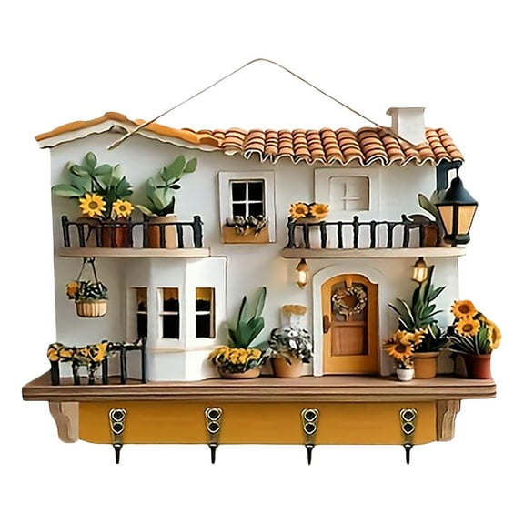 Ikeay Sunflower Cottage Wood Key Hanger with 4 Metal Hooks, Wall Mount Entryway Organizer for Keys Accessories, 1 Piece Yellow