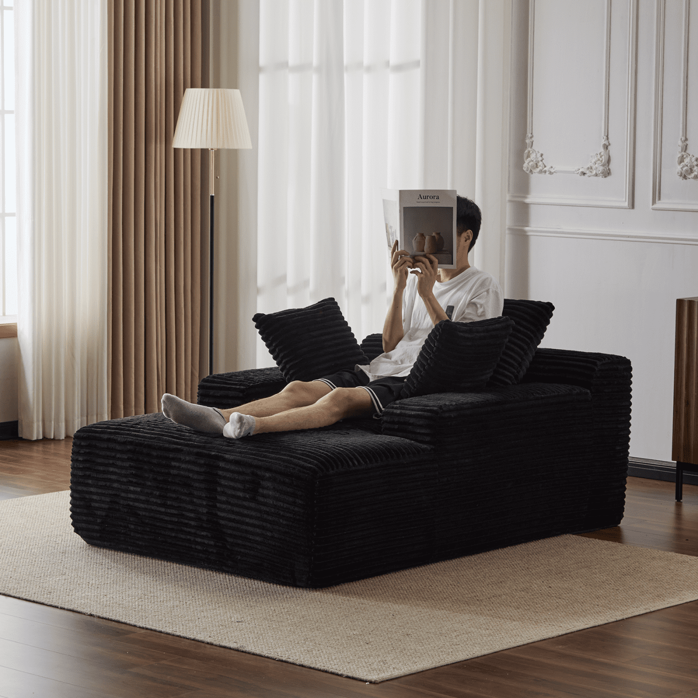 Oversized Chaise Lounge Chair Indoor, Corduroy Upholstered Sleeper Sofa Daybed with 3 Throw Pillows and Wide Armrest for Living Room, No Assembly Required,Black