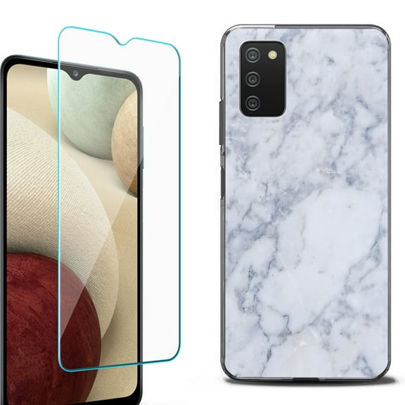 Slim-Fit Protective Fashion Phone Case (Black) for Samsung Galaxy A03s, with Tempered Glass Screen Protector, by OneToughShield ® - Marble / Clouds