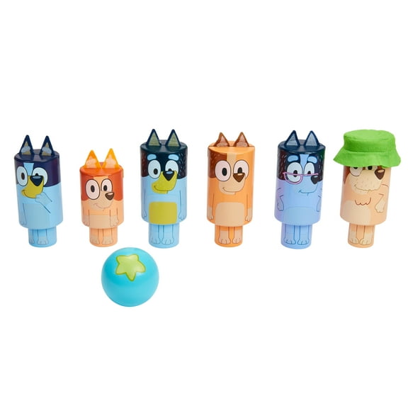 Bluey Wooden Character Skittles Set, Indoor & Outdoor Play, 6 Pins and 1 Bowling Ball, Ages 3 