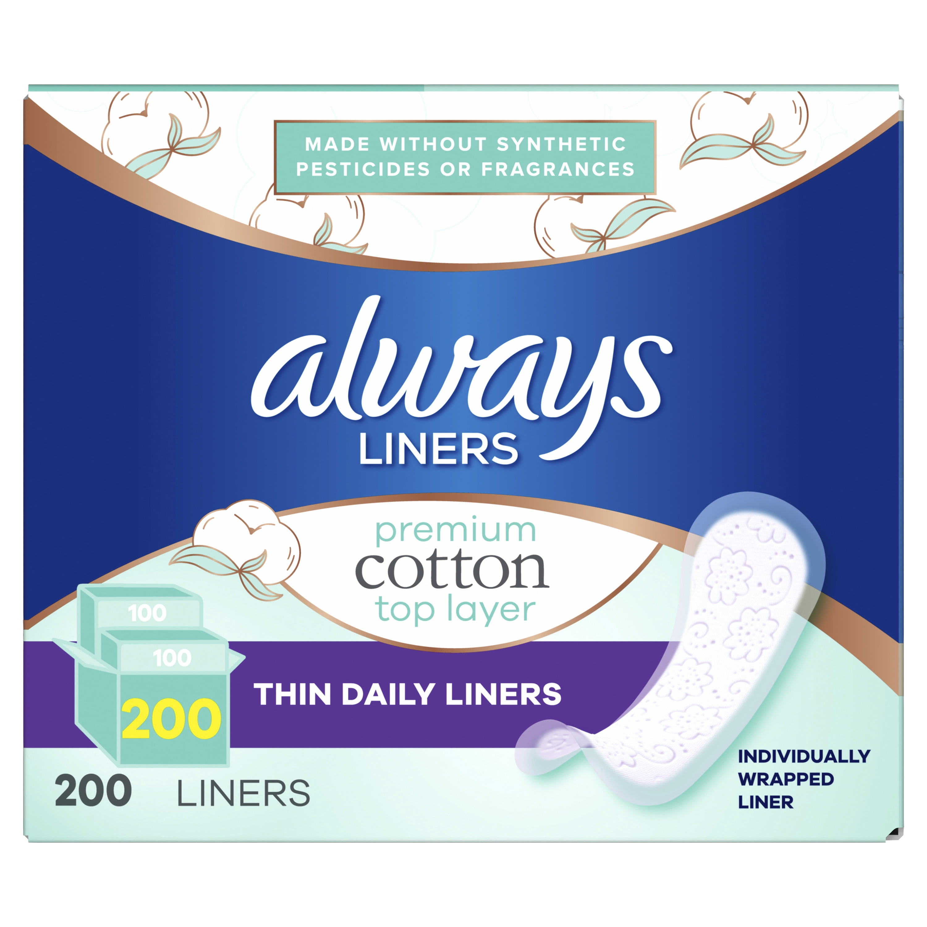 Always Premium Cotton Thin Daily Liners, Regular, 200 CT