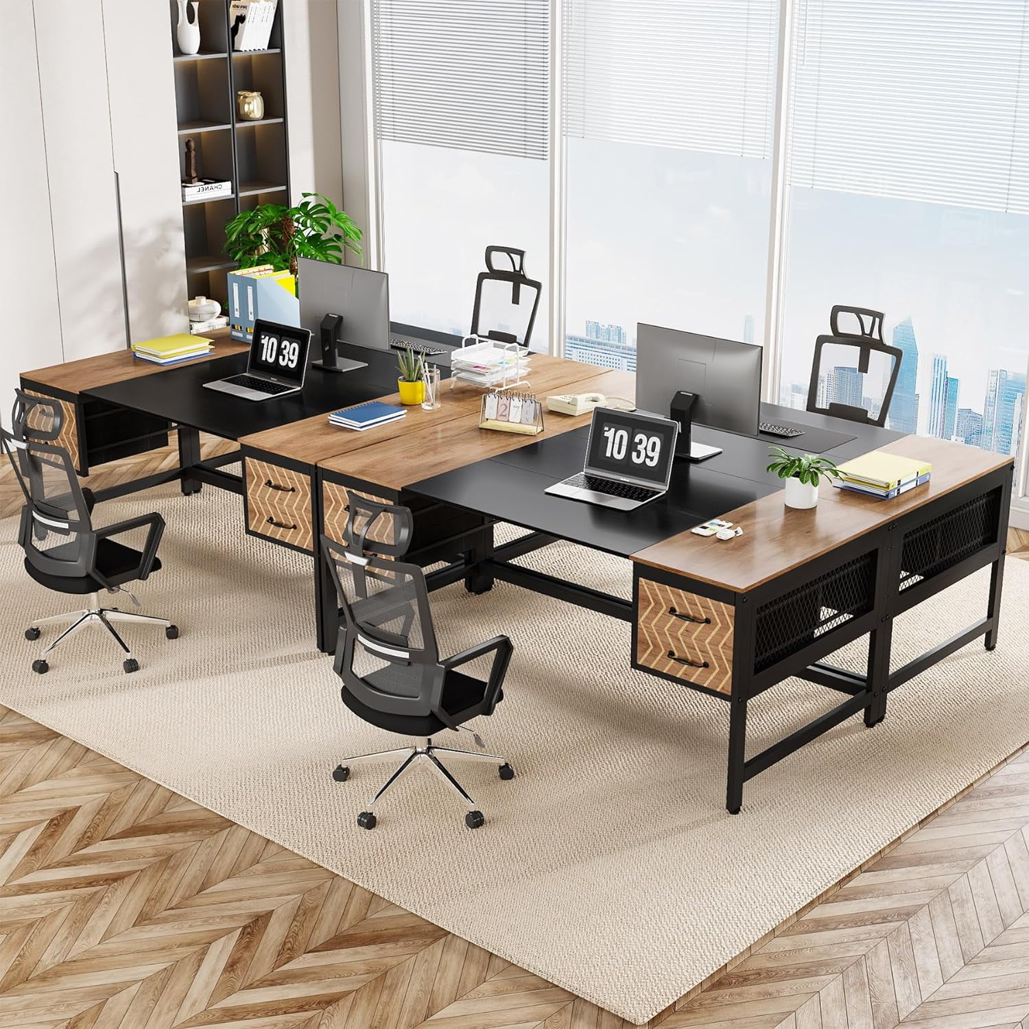 PurelyGoods  Computer Executive Desk with Drawers: 63" Computer Desk with 4 Storage Drawers, Wood Farmhouse Study Writing Table, Herringbone Business Furniture for Home Office