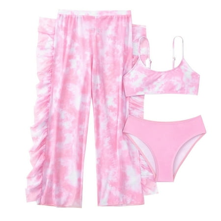 Girls 3 Pieces Bikini Bathing Suit With Rash Guard Pants Swimwear Cover Up Sets Pink 9-10 Years