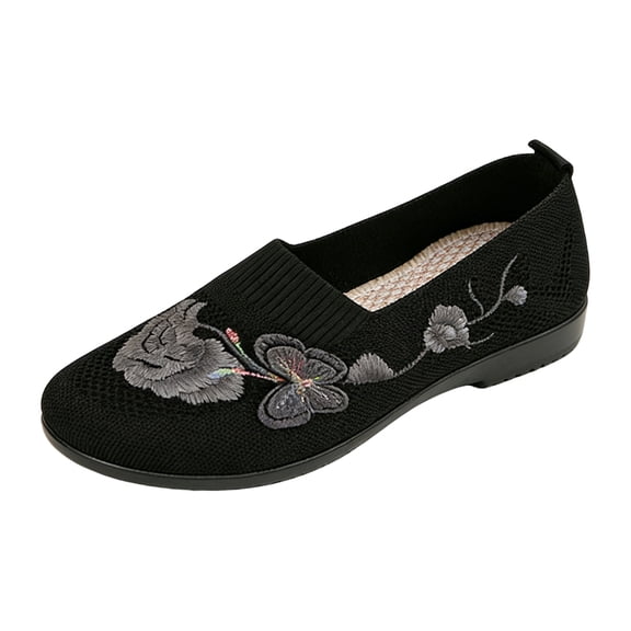 IEMIEMIEM Womens Orthopedic Shoes Arch Support Flower Embroidered Golf Shoes Wide Width Slip on Non Slip Walking Shoes Knitted Mesh Stretch Comfortable 2026 Foam Shoes Black 6.5 Wide