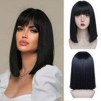 QUEENTAS 13 Inch Black Bob Wig with Bangs Short Black Straight Wig for Women Natural Looking Heat Resistant Synthetic Wig