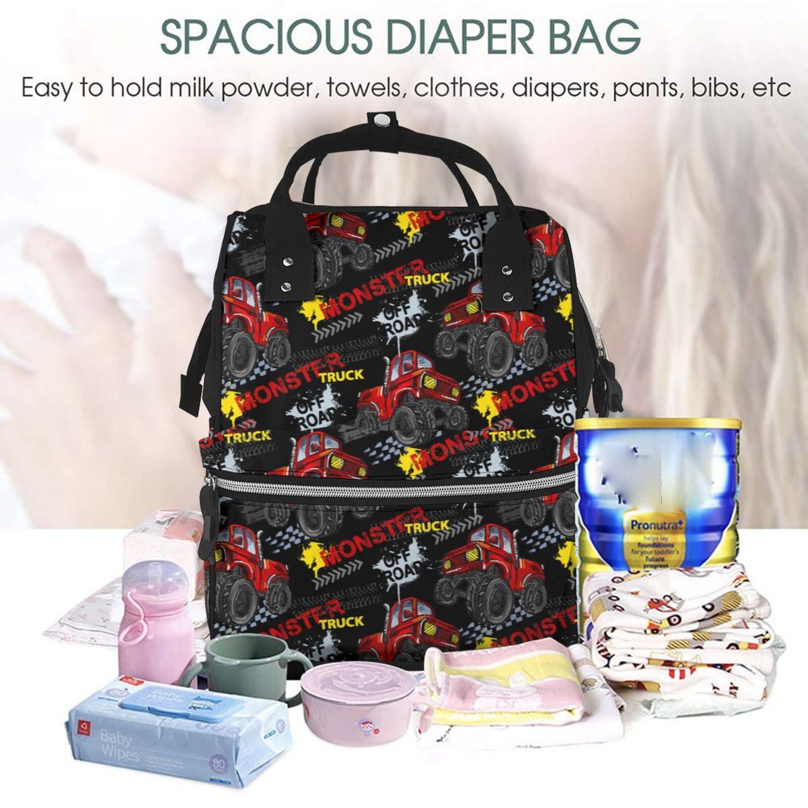 Ratiio Monster Truck Mummy Backpack - Waterproof Twill Canvas, Large Capacity Diaper Bag with Multiple Pockets and Adjustable Straps