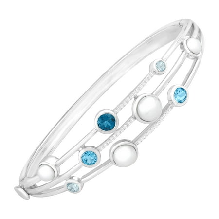 Freshwater Pearl, Natural Blue Topaz & 1/5 ct Diamond Constellation Bangle Bracelet in Sterling Silver