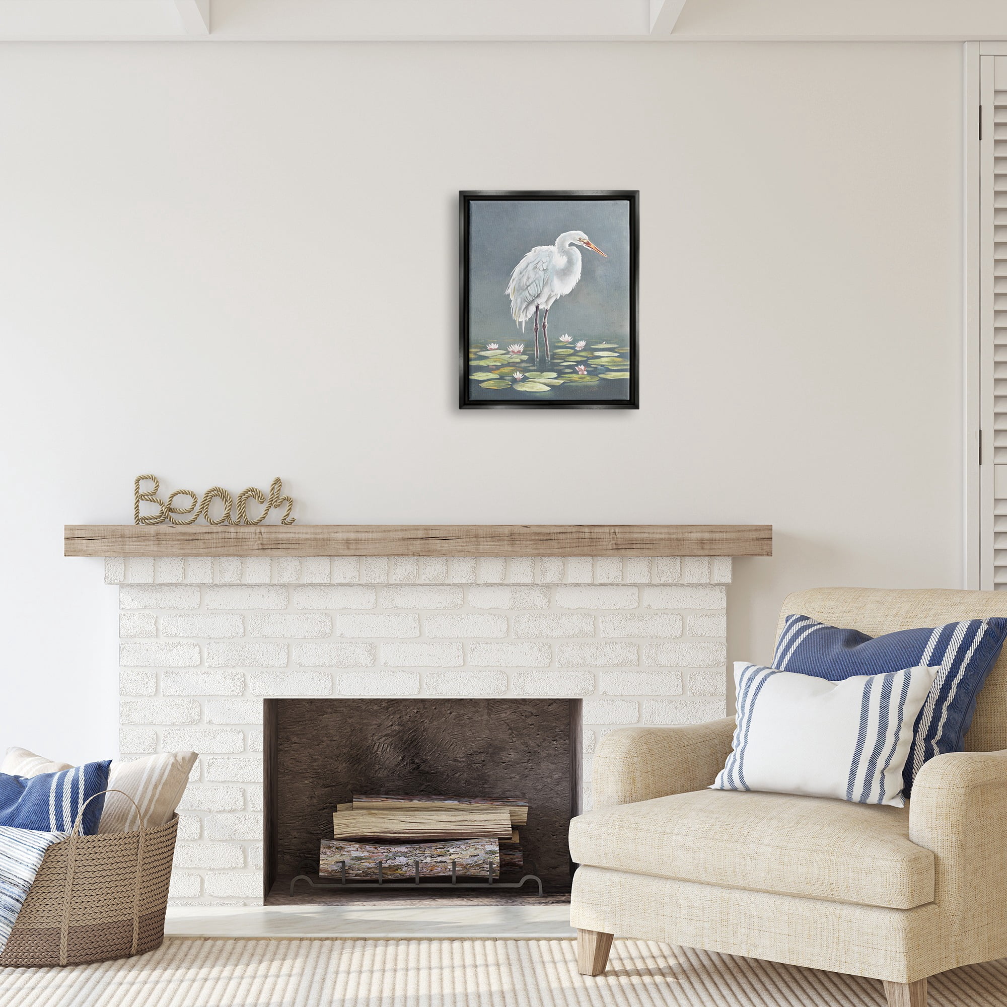 Stupell Industries White Heron & Pond Lilies Animals & Insects Painting Black Floater Framed Canvas Art Print Wall Art, 17 x 21