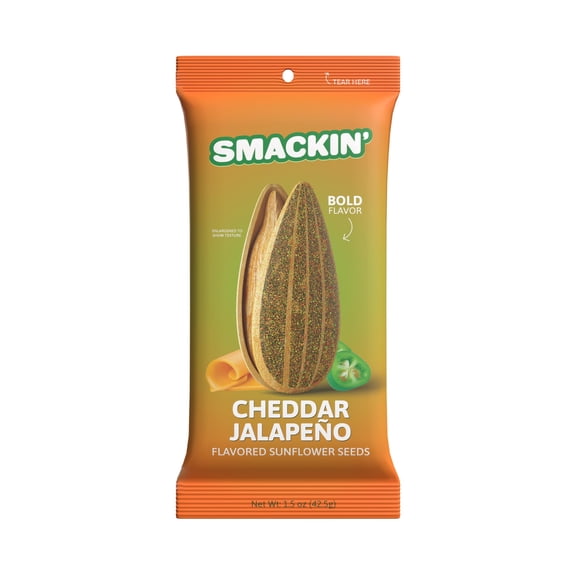 SMACKIN' Sunflower Seeds, Roasted Jumbo Small-Batch, American Made - Cheddar Jalapeño. 1.5oz bags (6 Pack)