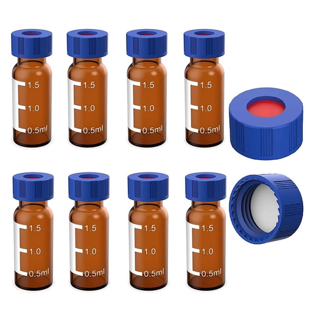 Paquete de 100 Viales para Muestreador AutomáTico de 2 Ml: Viales para HPLC 9-425 Viales áMbar con Tapones de Rosca Azules, Tabiques Rojos y Blancos