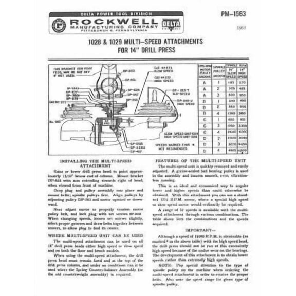 Delta Rockwell 1028 & 1029 Multi-Speed Attachments for 14" Drill Press REPRINT