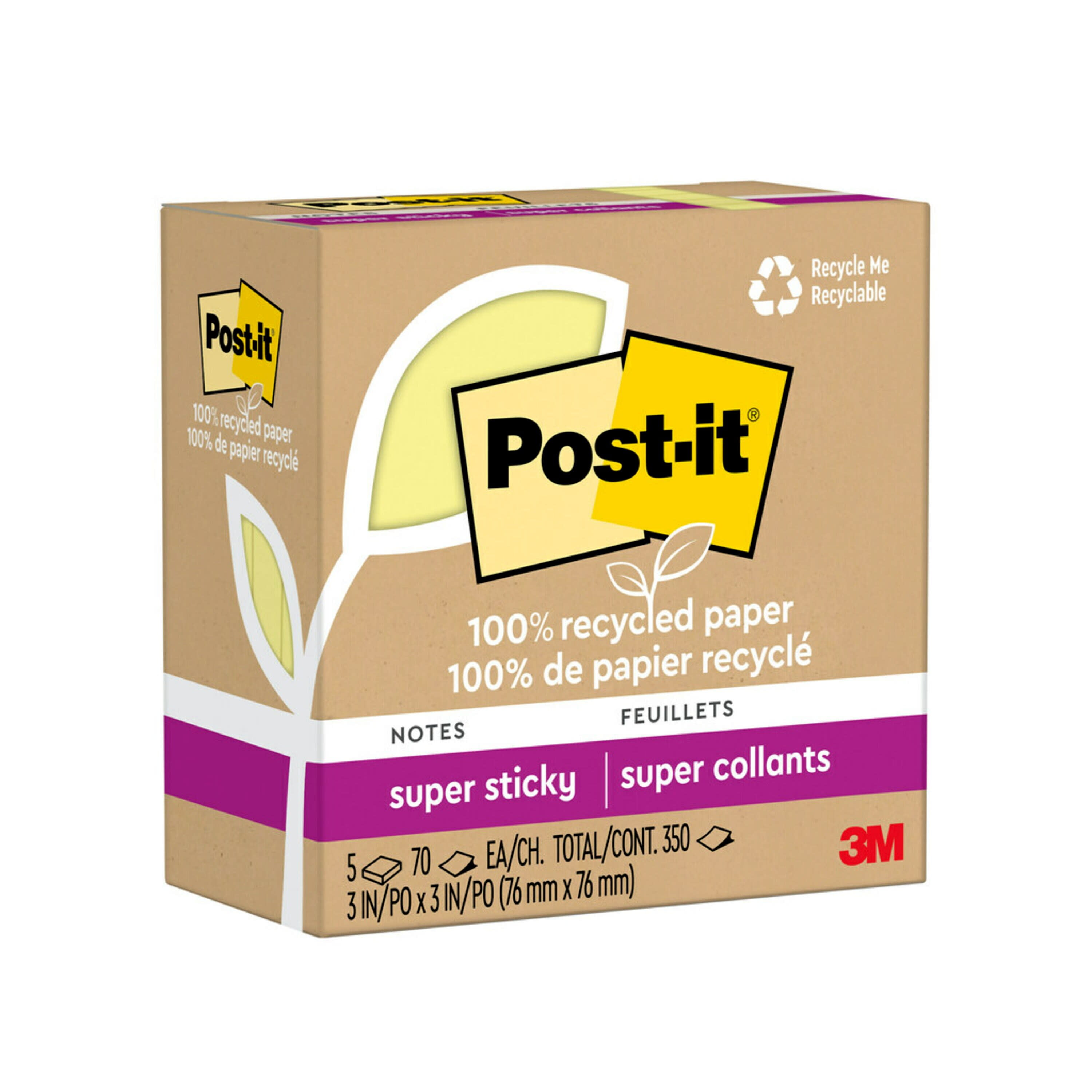 Post-it® Recycled Super Sticky Notes, 3 in x 3 in, Wanderlust Pastels  Collection, 12 Pads/Pack