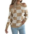 thumbnail image 2 of Women'S Color Block Checkered Off-Shoulder Long Sleeve Y2K Plaid Knitted Pullover Sweater Tops Vintage Sweater Khaki XL, 2 of 9